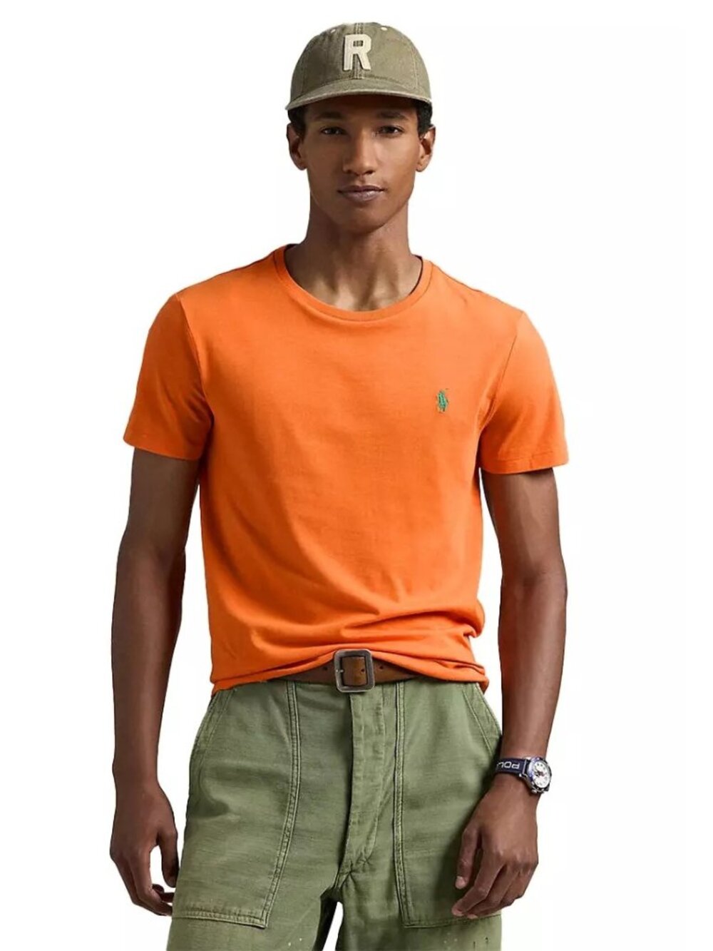 Polo Ralph Lauren T-Shirt 100% Cotton Mens Size Large Orange Green Logo Crewneck